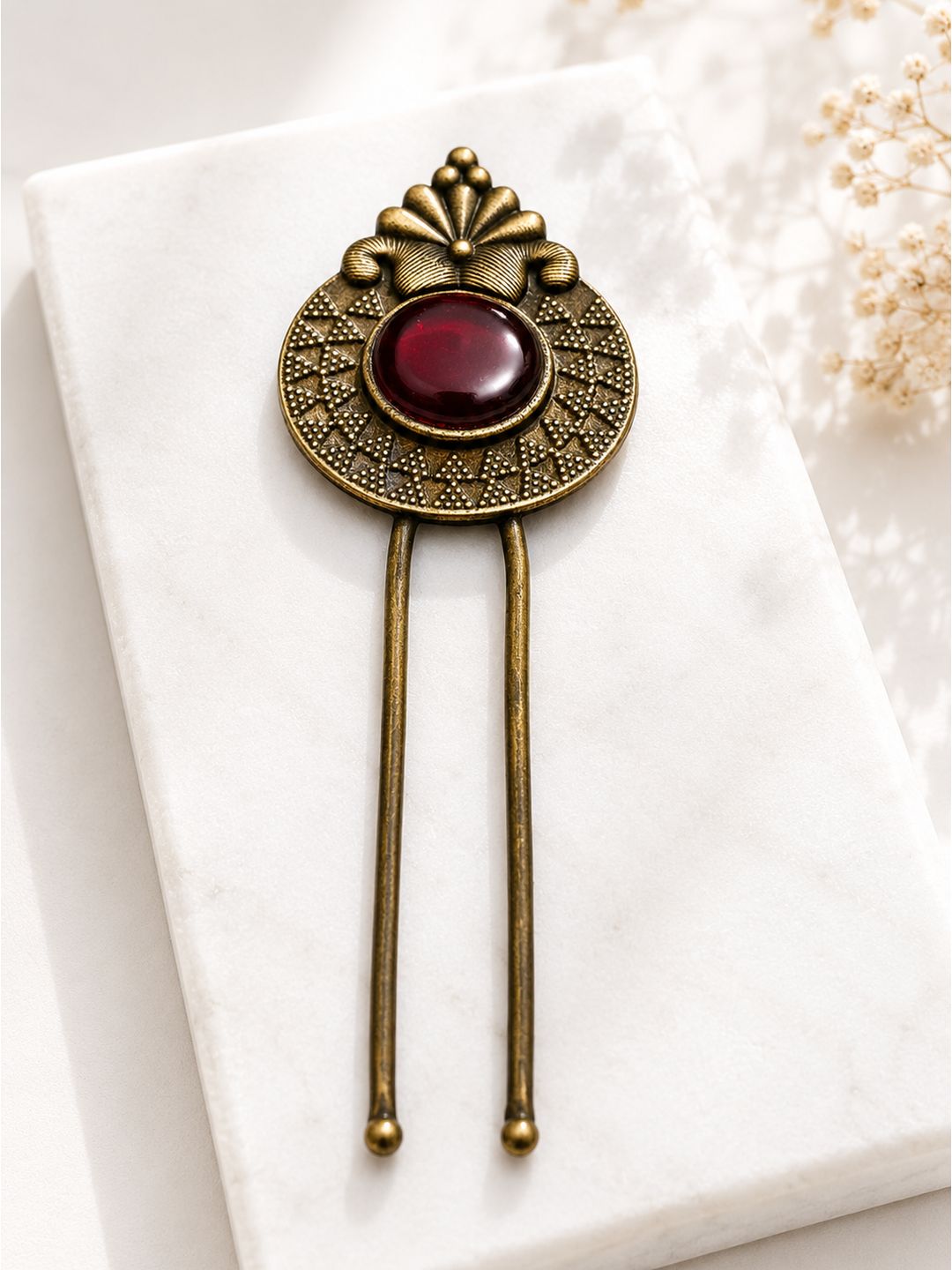 Brass oxidised vintage leaf hair pin with ruby-toned detailing, jewellery hair accessory