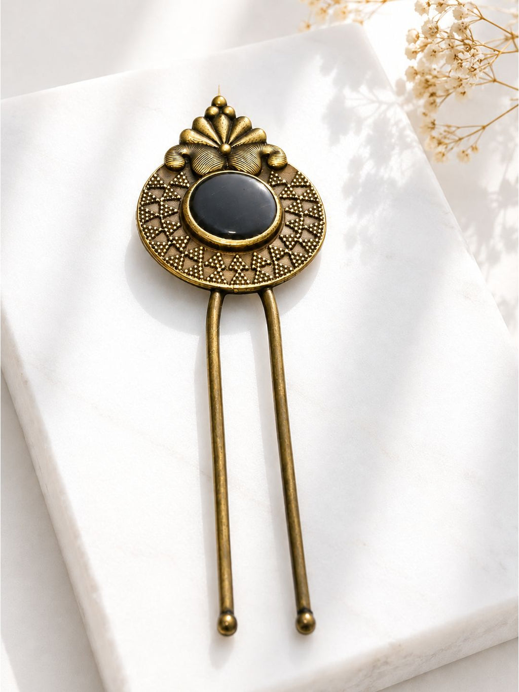 Brass oxidised vintage leaf hair pin with ruby-toned detailing, jewellery hair accessory