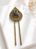 Brass oxidised vintage leaf hair pin with ruby-toned detailing, jewellery hair accessory