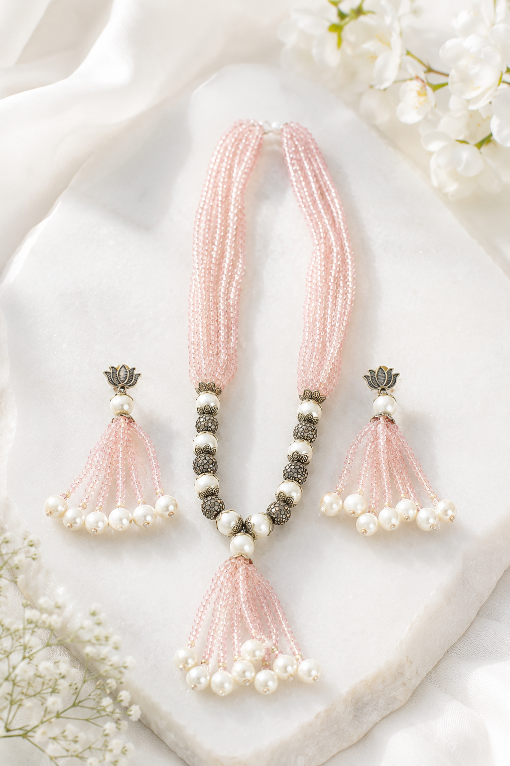 White and Pink Tassel Neckpiece Set