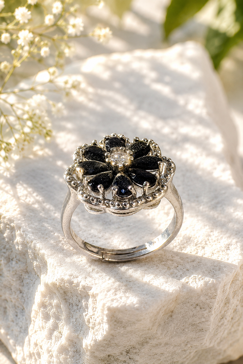 Black Flower Silver Ring