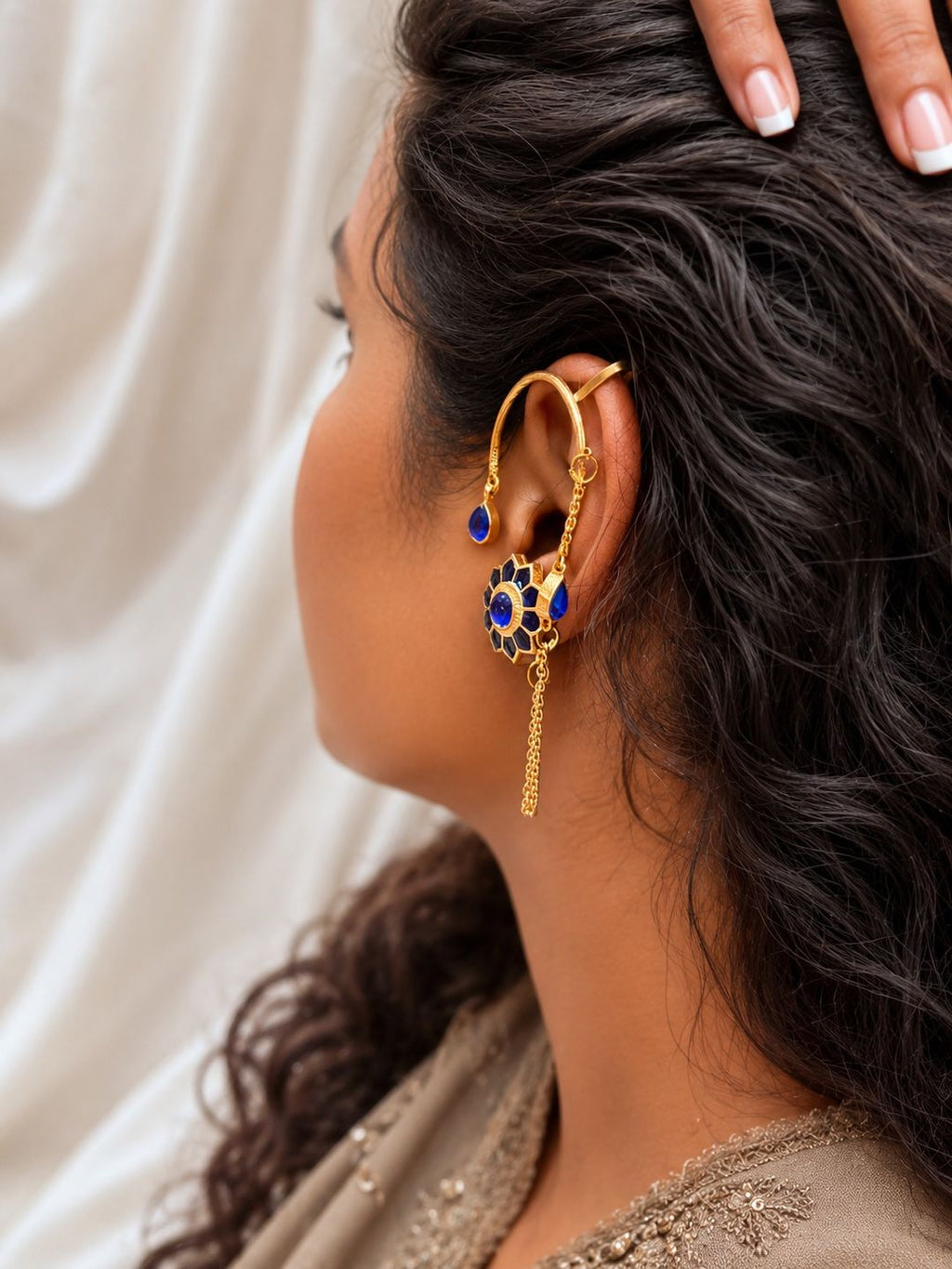 Brass flower chain ear cuffs earrings, jewellery accessory