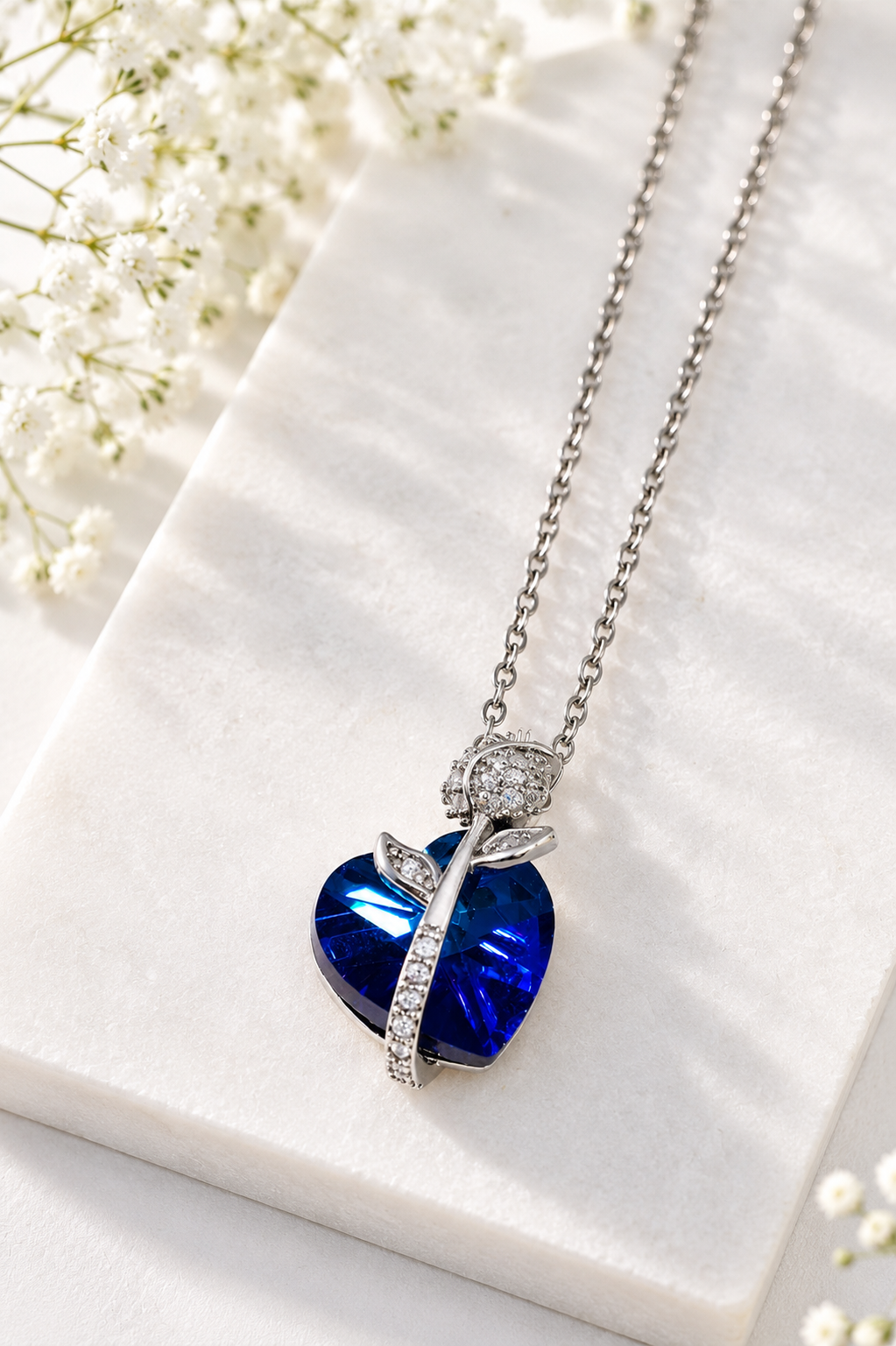 Blue Sapphire Heart with Crystal Rose