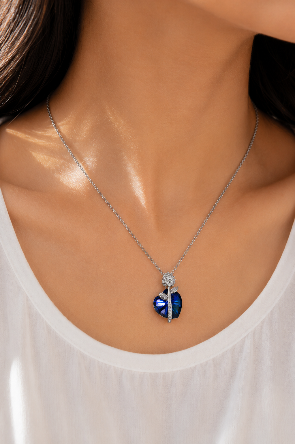 Blue Sapphire Heart with Crystal Rose