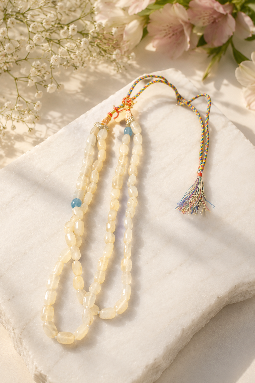 Double Layer Milky White and Blue Oval Beads Neckpiece