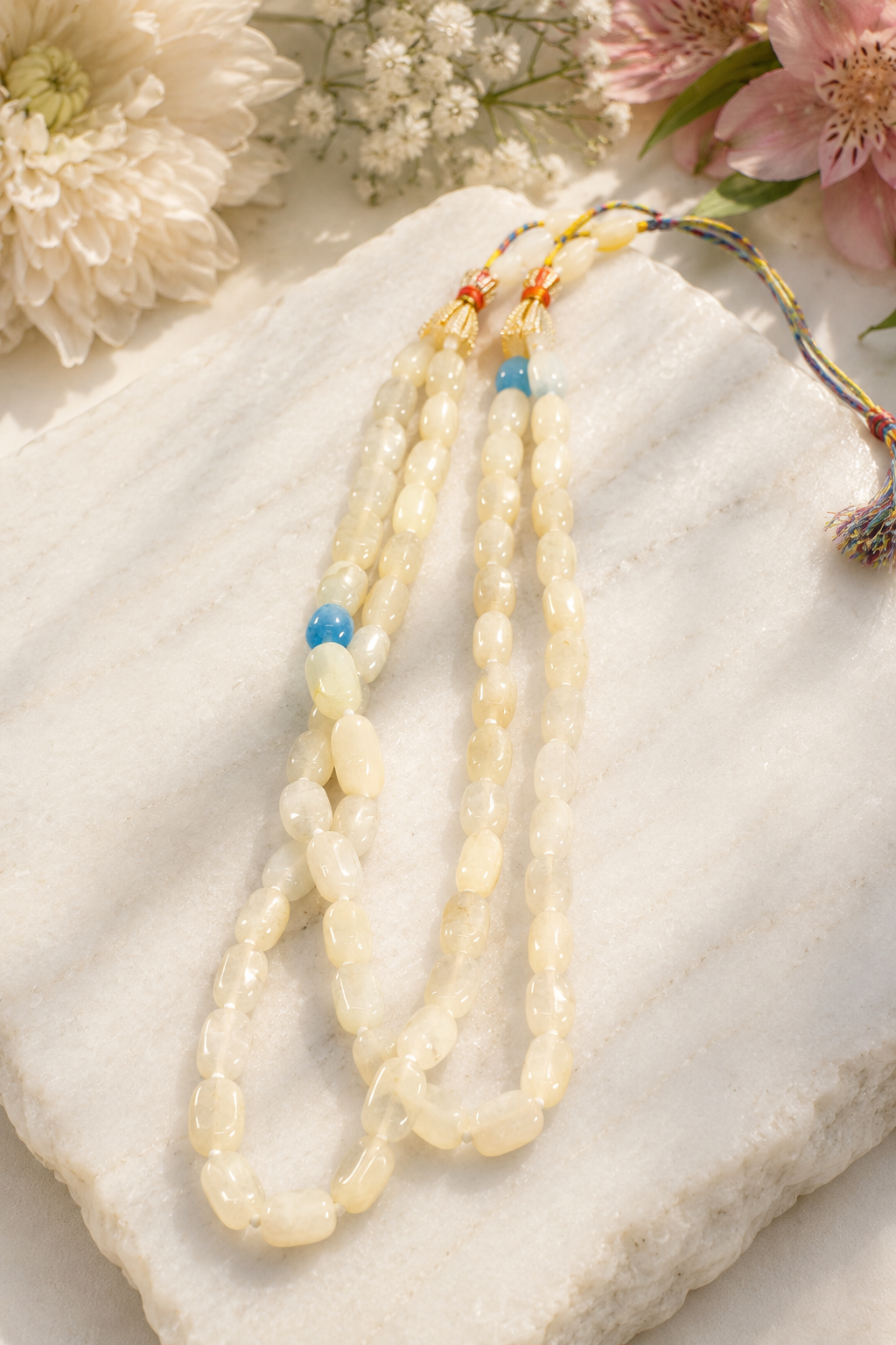 Double Layer Milky White and Blue Oval Beads Neckpiece