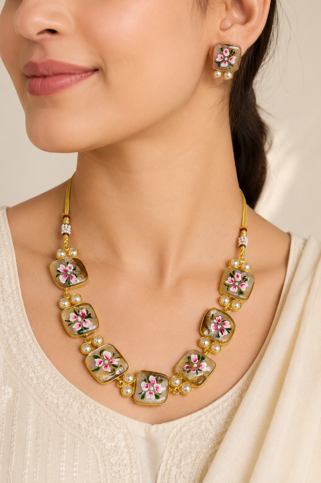 Flower Painted Uncut Stone Choker Set