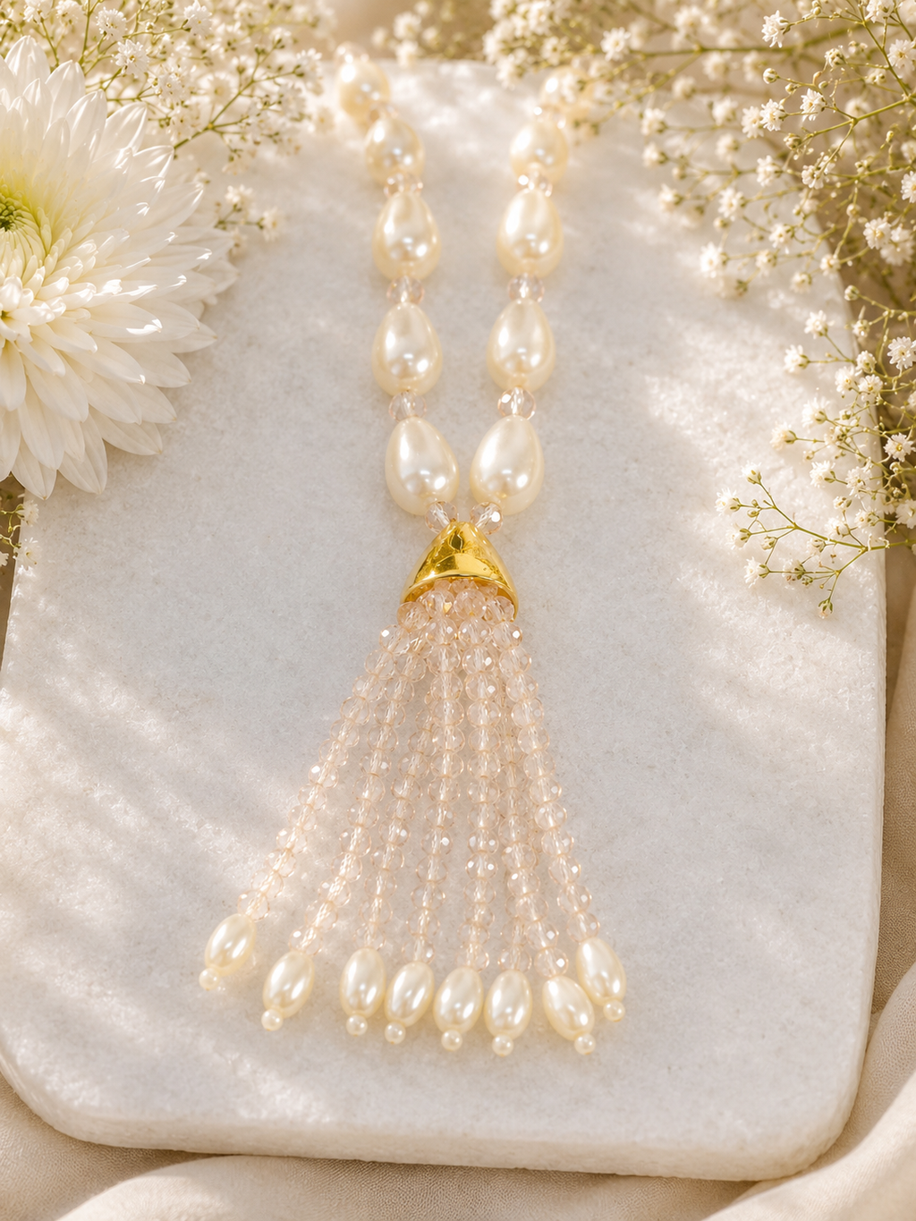 Light Pink Pearl Tasseled Neckpiece Set