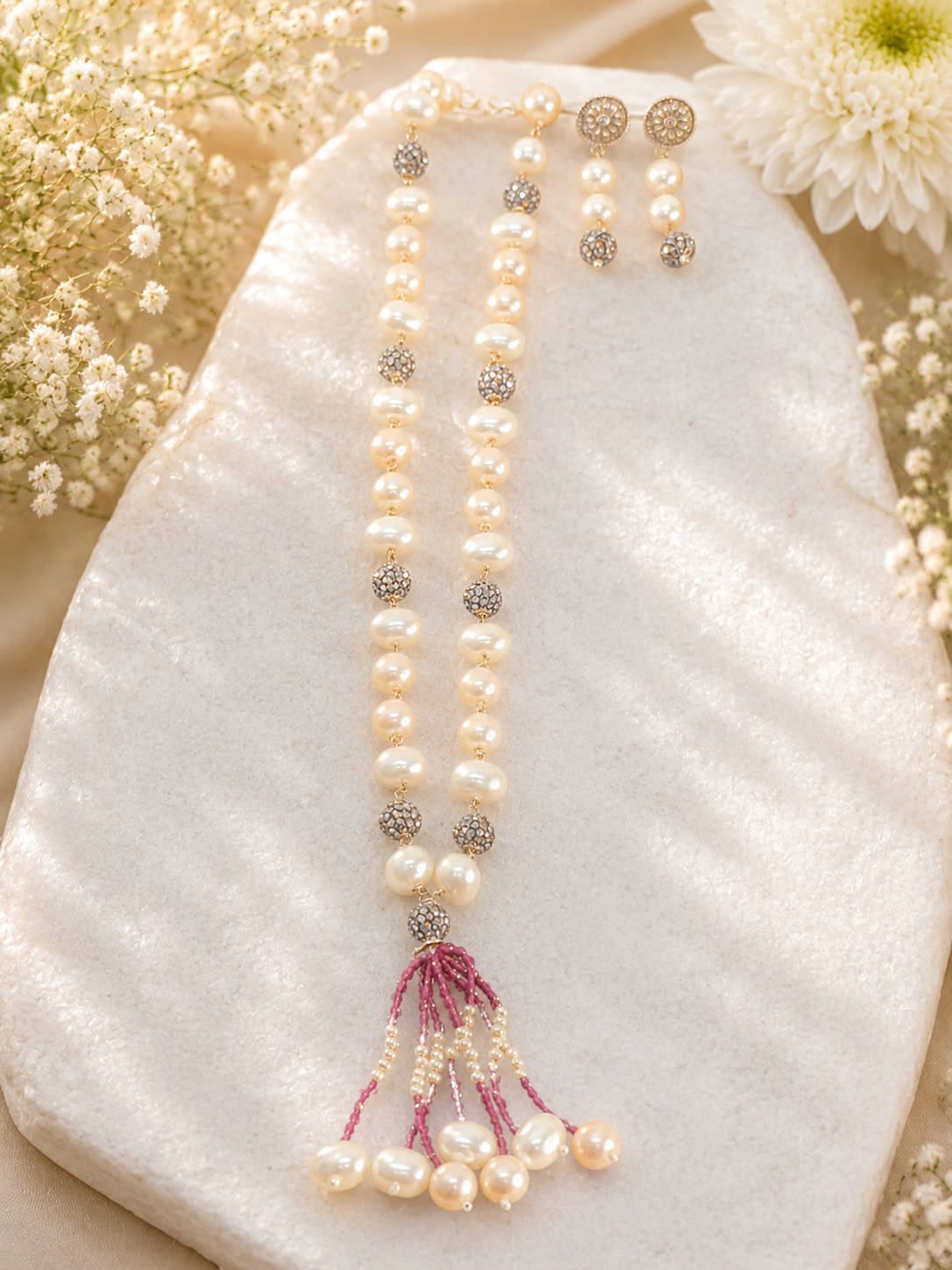 Light Pink Pearl Tasseled Neckpiece Set