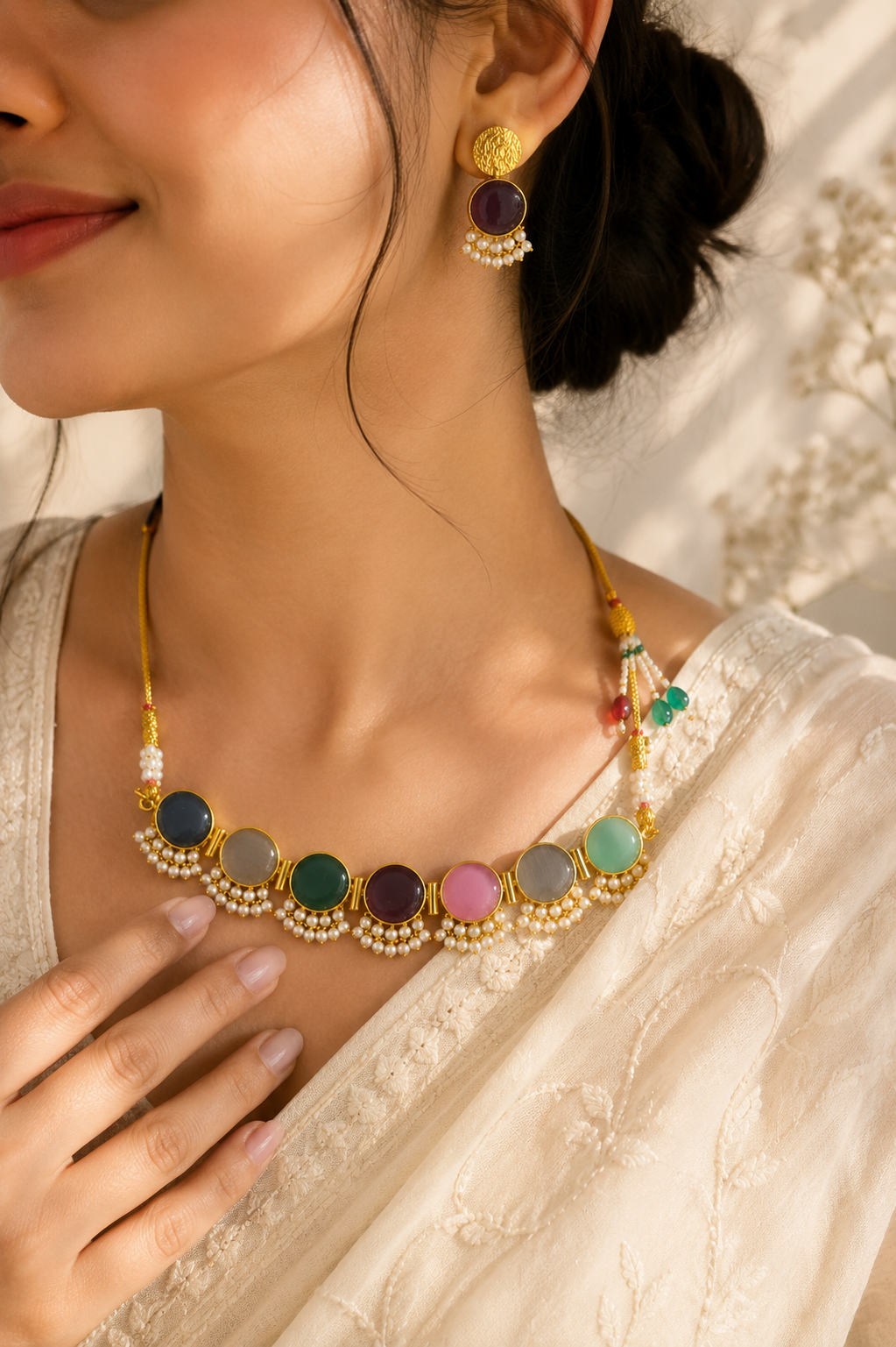 Multicolored Pearls Brass Choker Set
