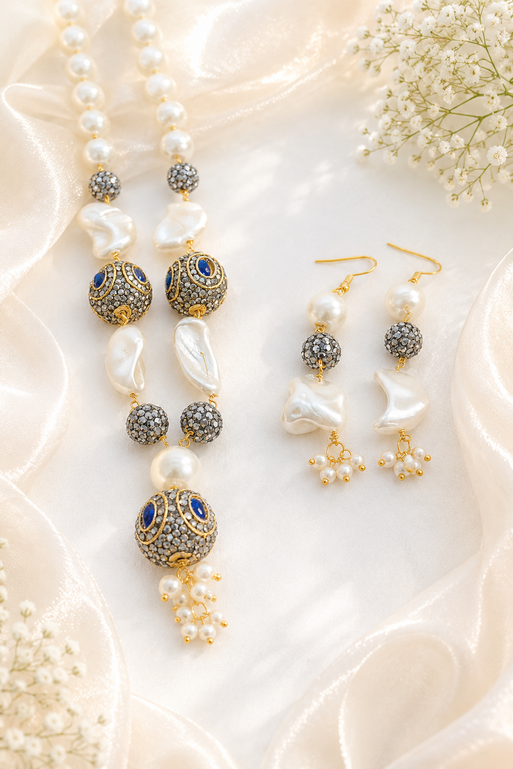 Pearl White and Blue Jadau Stone Neckpiece Set