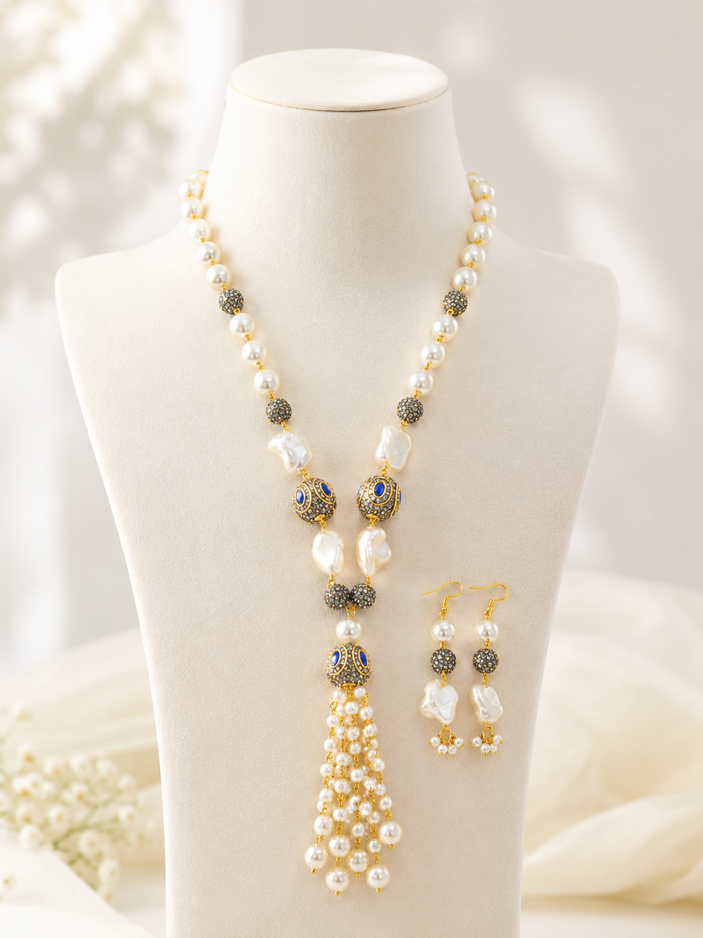 Pearl White and Blue Jadau Stone Neckpiece Set
