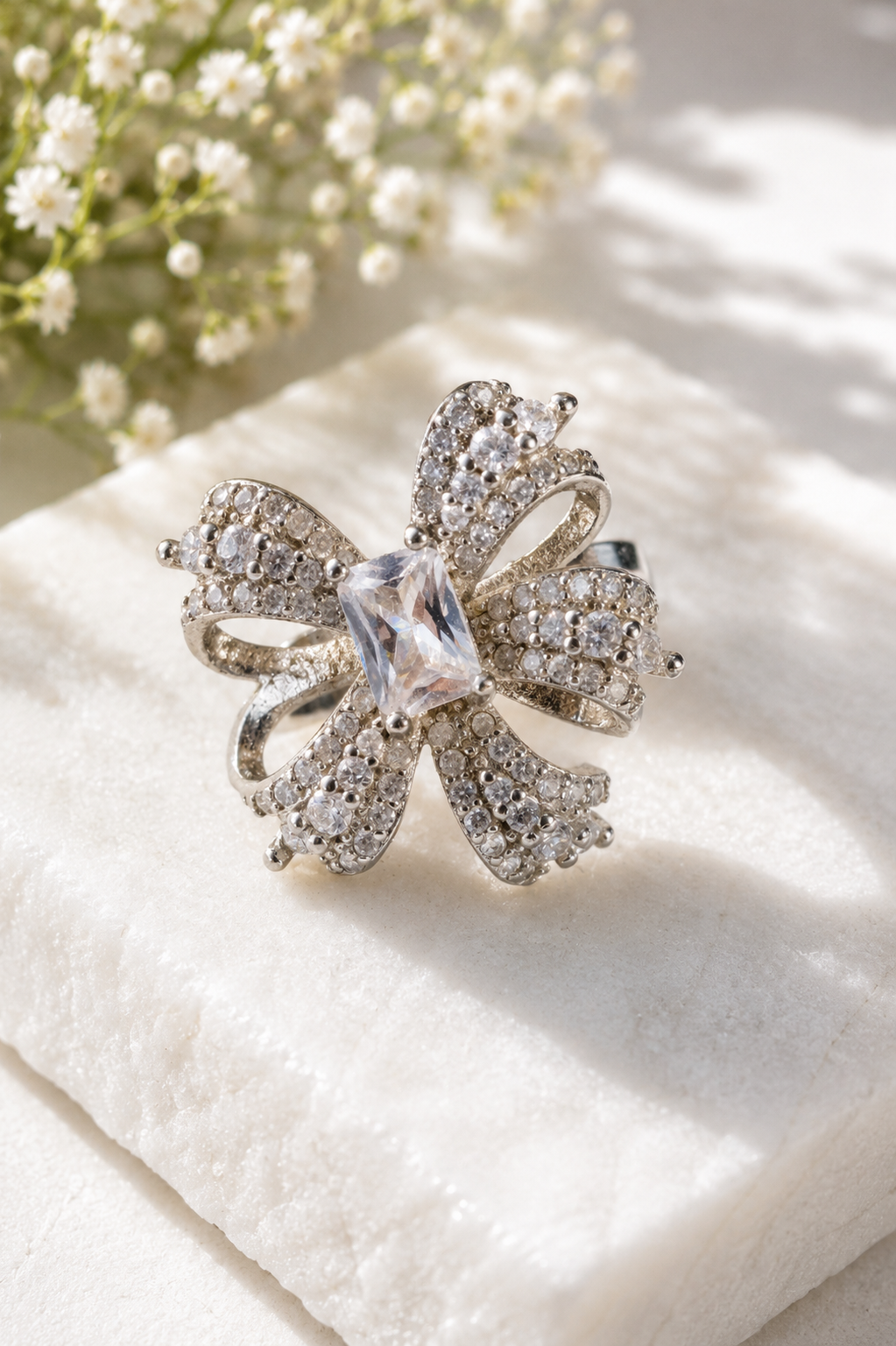 Silver Crystal Big Flower Ring