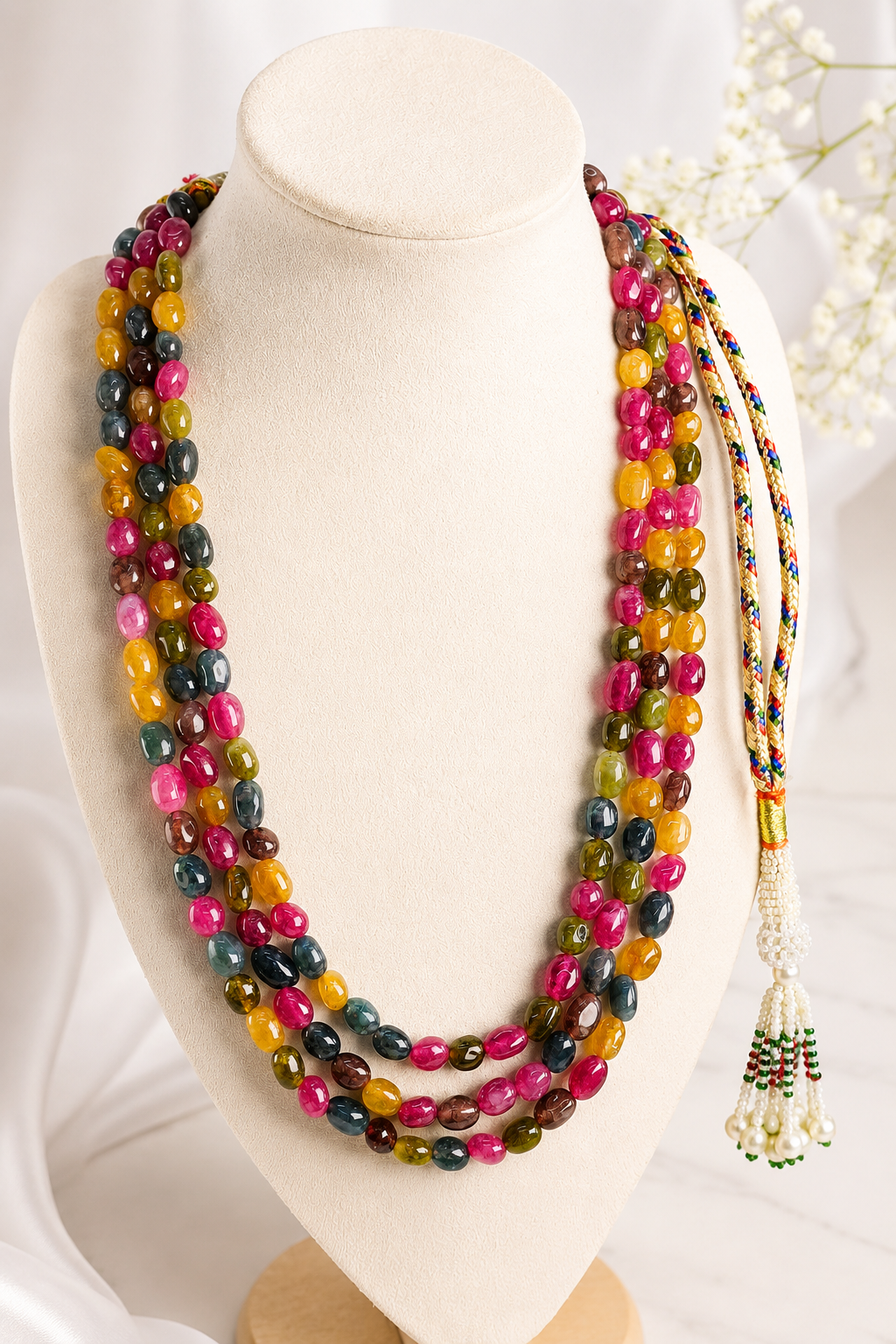 Triple Layer Multicolored Semiprecious Stone Neckpiece
