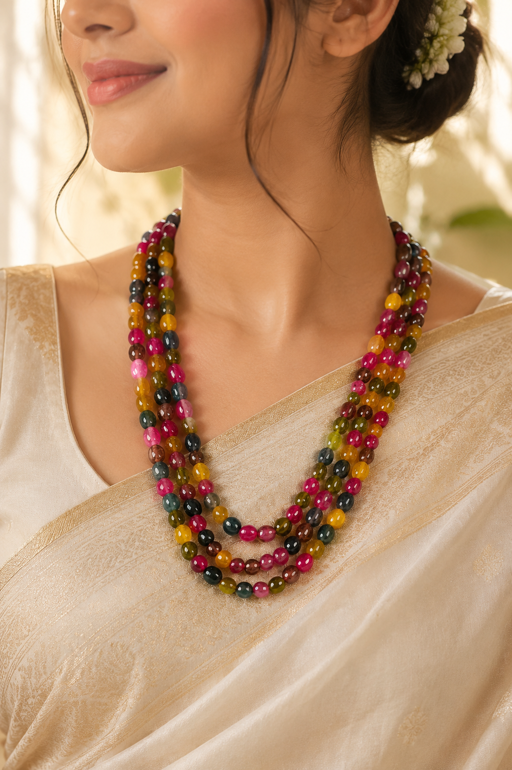 Triple Layer Multicolored Semiprecious Stone Neckpiece