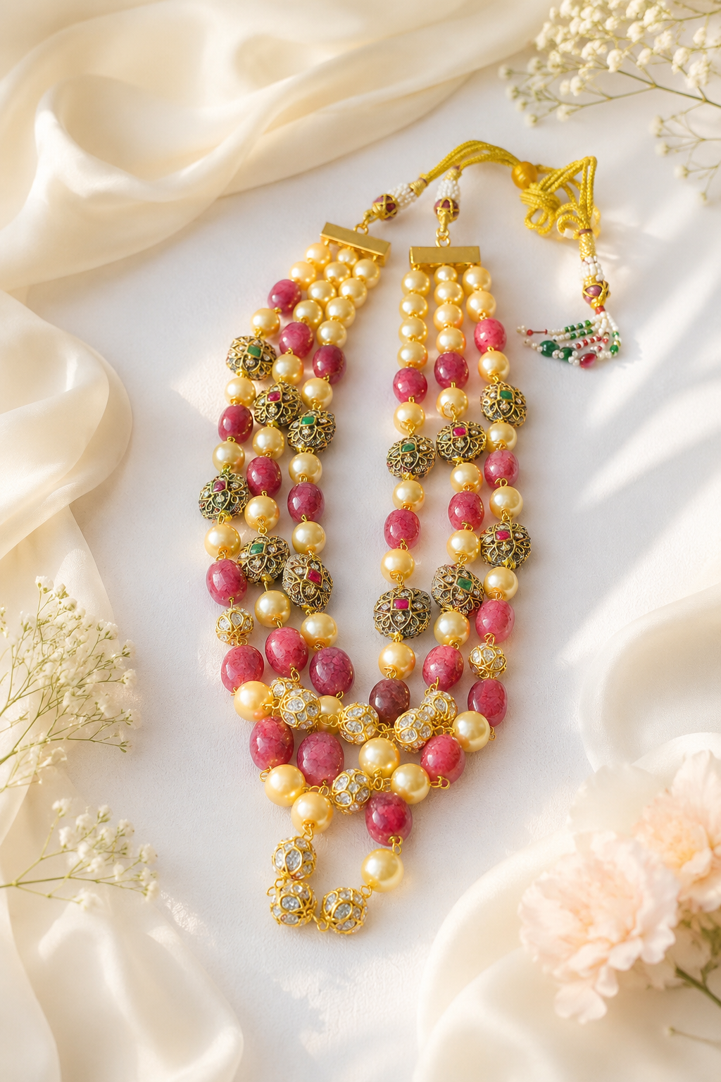 Triple Layer Pearl and Pastel Pink Beaded Neckpiece