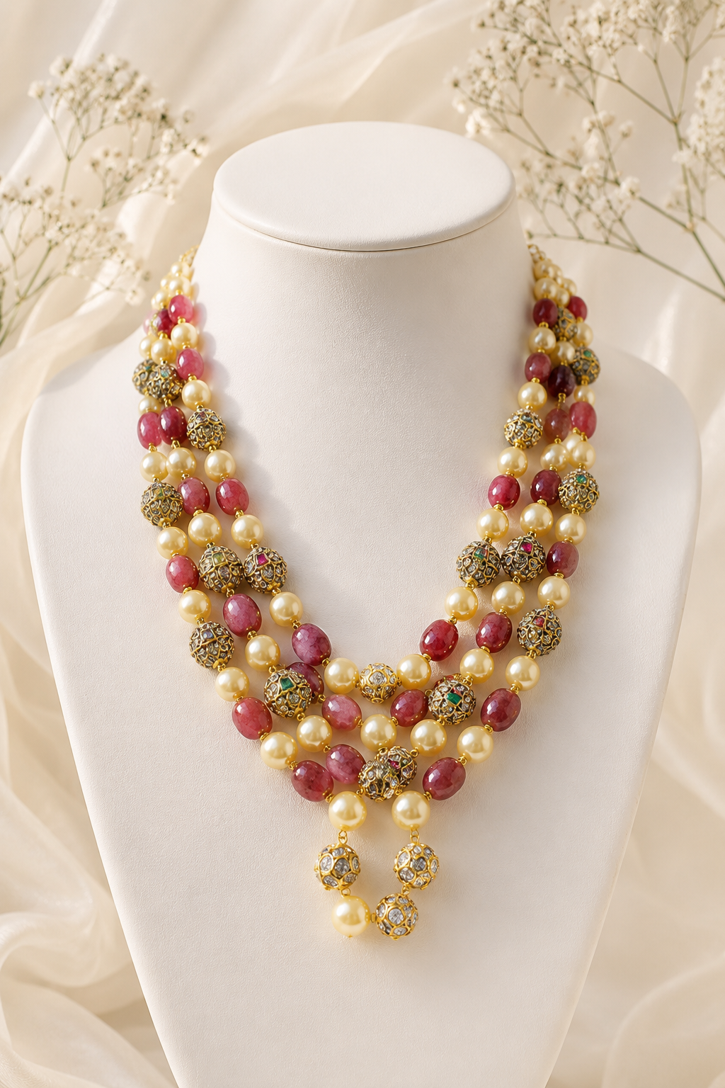 Triple Layer Pearl and Pastel Pink Beaded Neckpiece