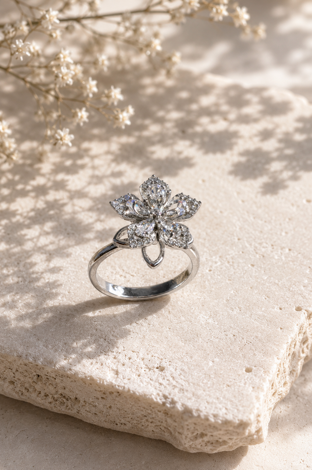 White Crystal Flower Rotating Ring