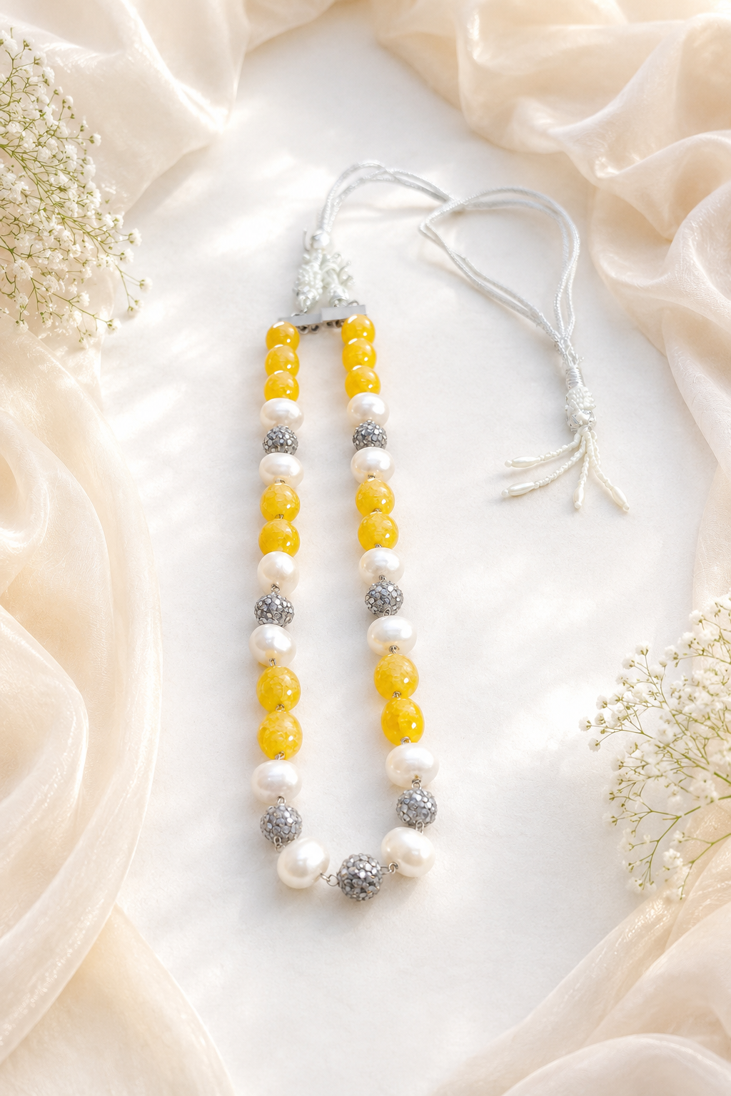 Yellow Agate and White Pearl Neckpiece