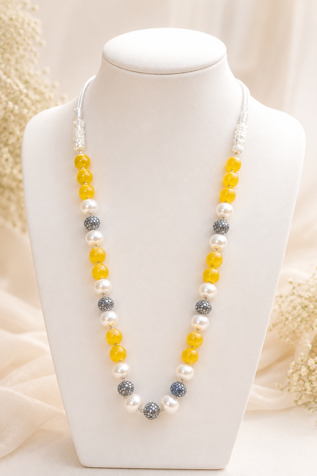 Yellow Agate and White Pearl Neckpiece